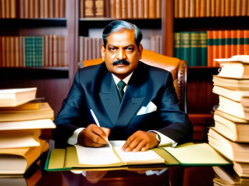 Rajendra Prasad presidente India visión constitucional: Imagen detallada de Prasad en su despacho, inmerso en la lectura, rodeado de papeles y libros