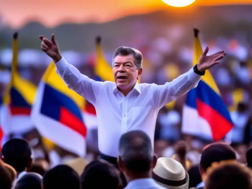 Juan Manuel Santos lidera un rally por el proceso de paz, con una multitud escuchando atentamente y banderas colombianas ondeando al atardecer