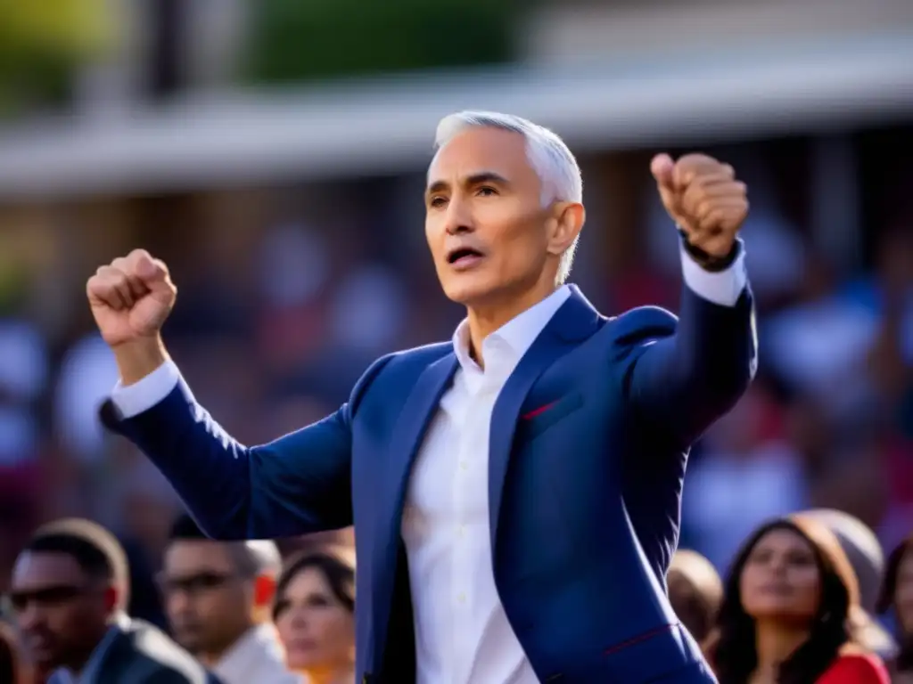 Jorge Ramos liderando con valentía y determinación, hablando a una multitud diversa