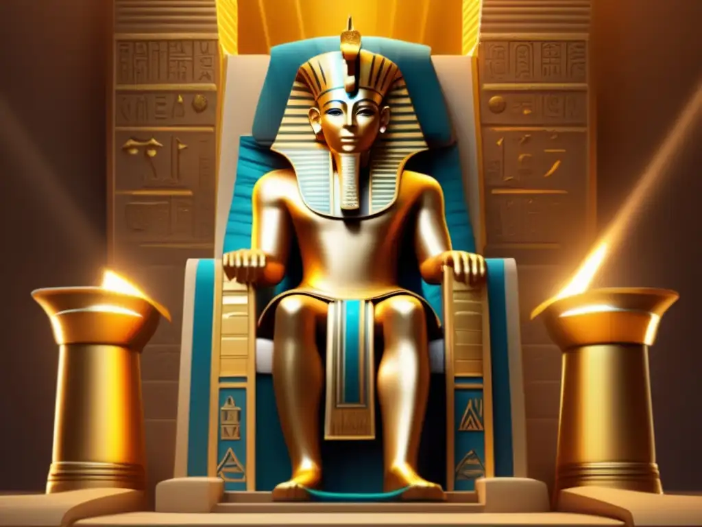 Ramsés II faraón guerrero Egipto en trono, con vestimenta regia, aureola de autoridad, rodeado de pirámides y atardecer vibrante