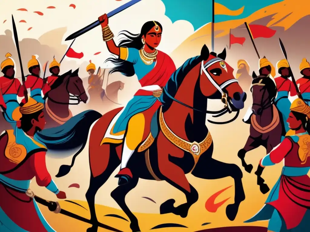 Rani Lakshmibai liderando sus tropas en la India colonial, mostrando valentía y determinación en medio de la batalla