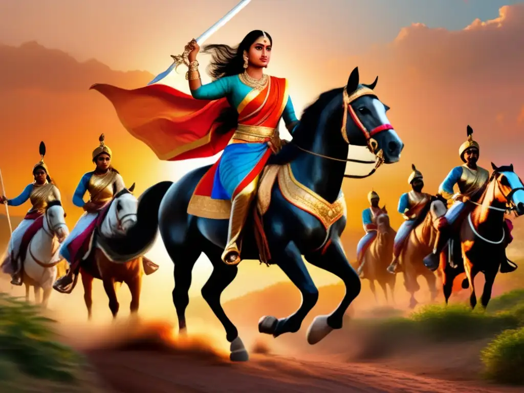Rani Lakshmi Bai liderando sus tropas en la India colonial, mostrando fuerza y determinación