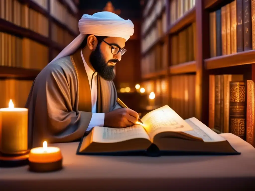 Abu Rayhan alBiruni estudia antiguos manuscritos astronómicos en una biblioteca ricamente decorada
