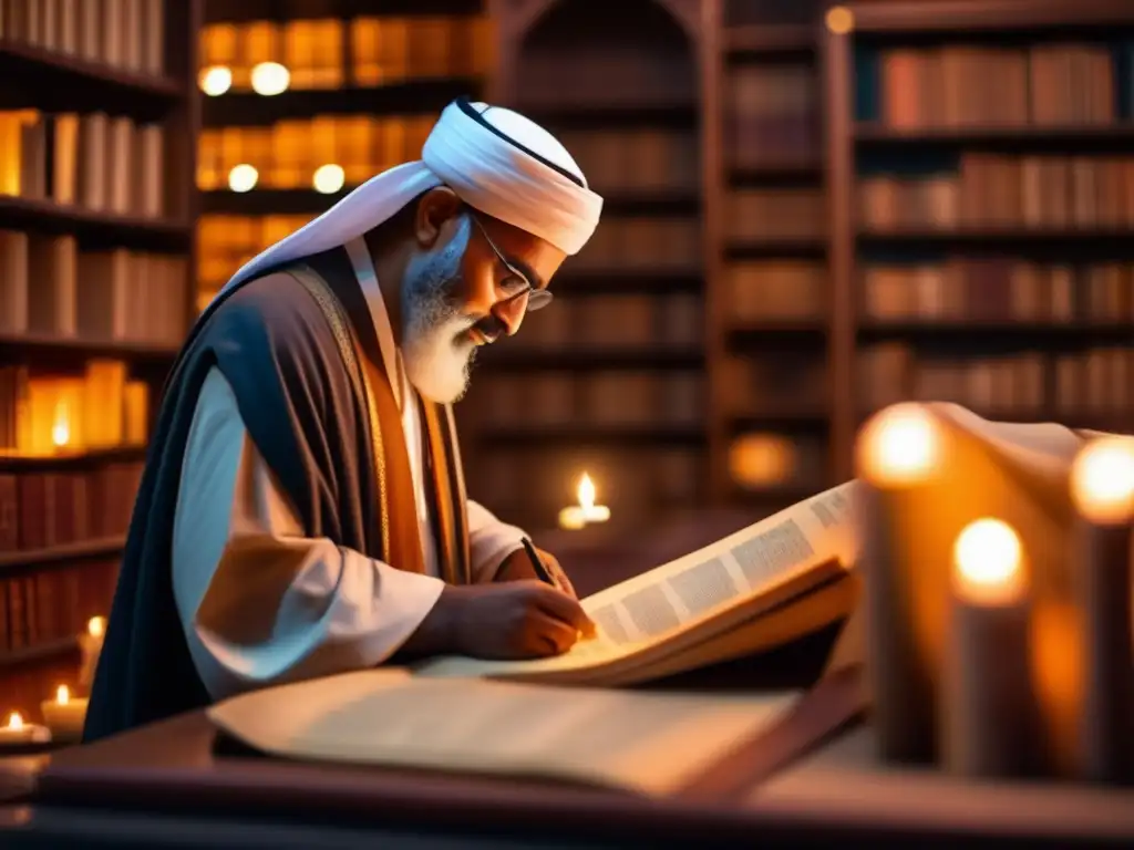 Abu Rayhan alBiruni, erudito islámico, transcribe manuscritos en una biblioteca iluminada por velas