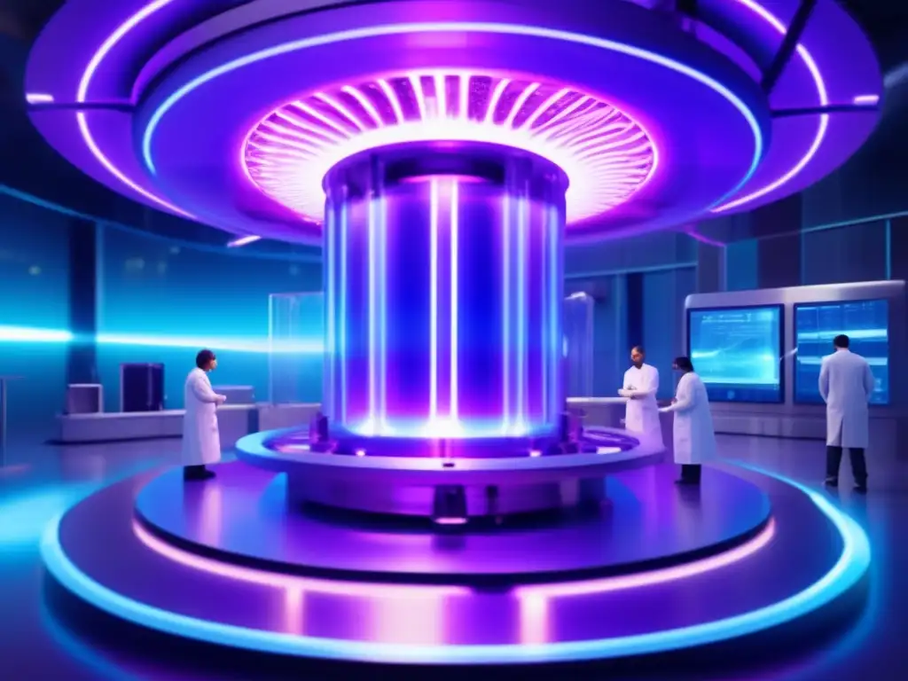 Un reactor de fusión nuclear futurista con plasma azul y púrpura, rodeado de maquinaria avanzada y científicos