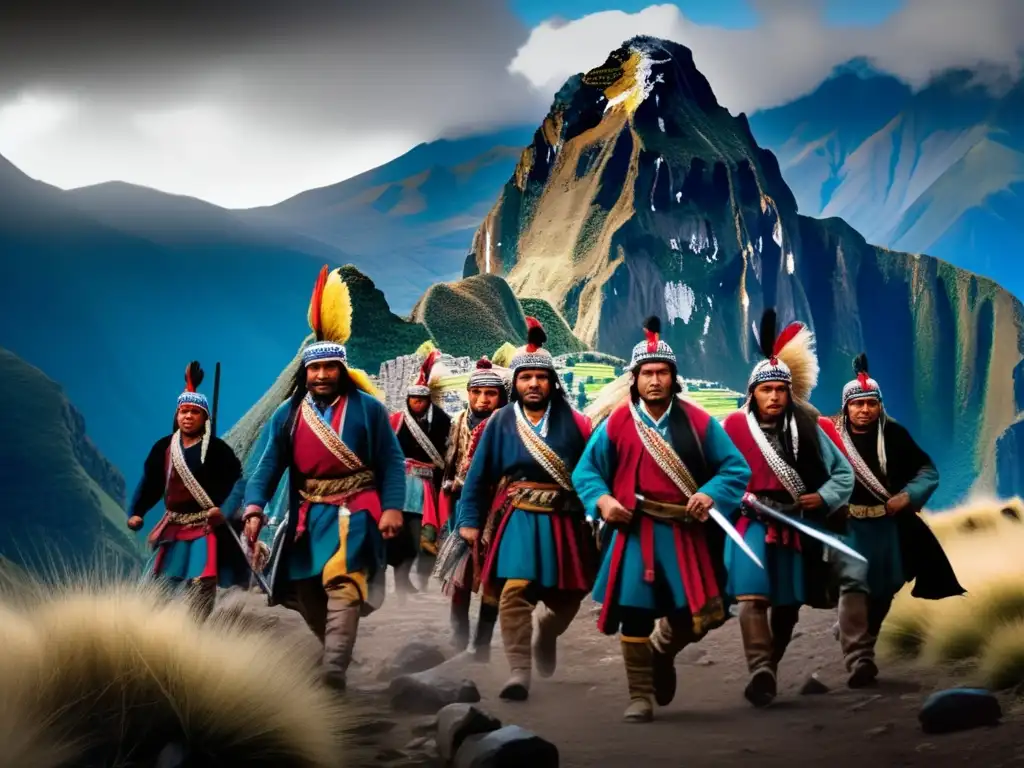 Túpac Amaru II lidera a rebeldes andinos en la montaña, con vestimenta tradicional y paisaje impactante