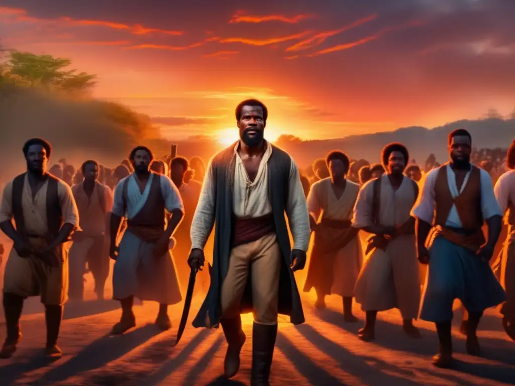 Nat Turner lidera una rebelión religiosa con su grupo, en una intensa ceremonia espiritual bajo un atardecer ardiente