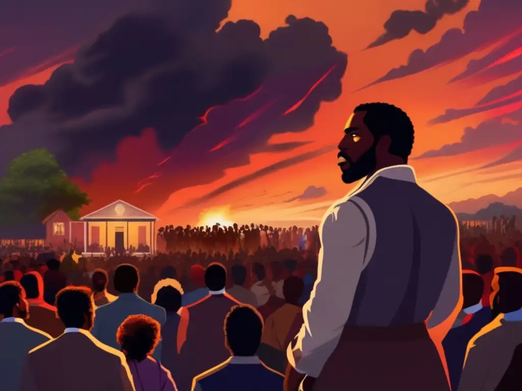 Nat Turner lidera una rebelión religiosa con determinación, rodeado de seguidores en un atardecer tormentoso