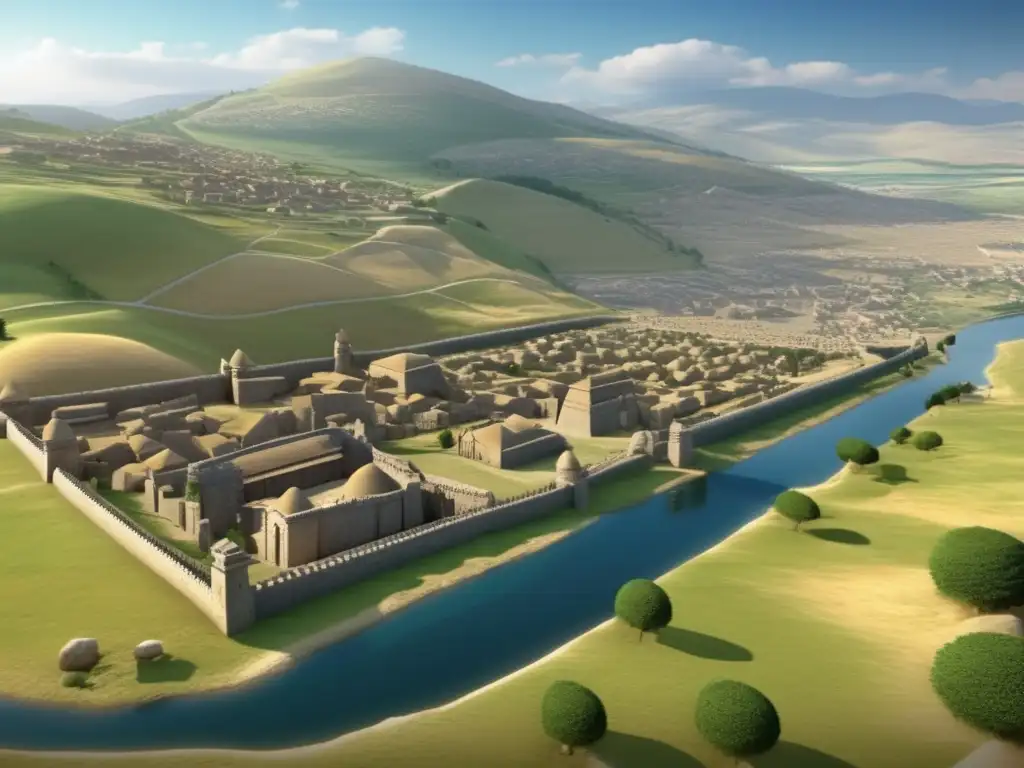 Una reconstrucción digital detallada de la capital hitita de Hattusa, con imponentes murallas, templos grandiosos y bulliciosas calles llenas de vida