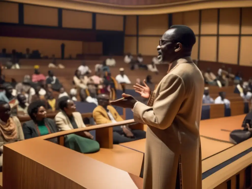 Reconstrucción del pensamiento africano: Cheikh Anta Diop, dando una apasionada conferencia en un auditorio universitario, con una audiencia de diversas etnias y fondos, cautivada por su mensaje de resurgimiento intelectual y cultural africano