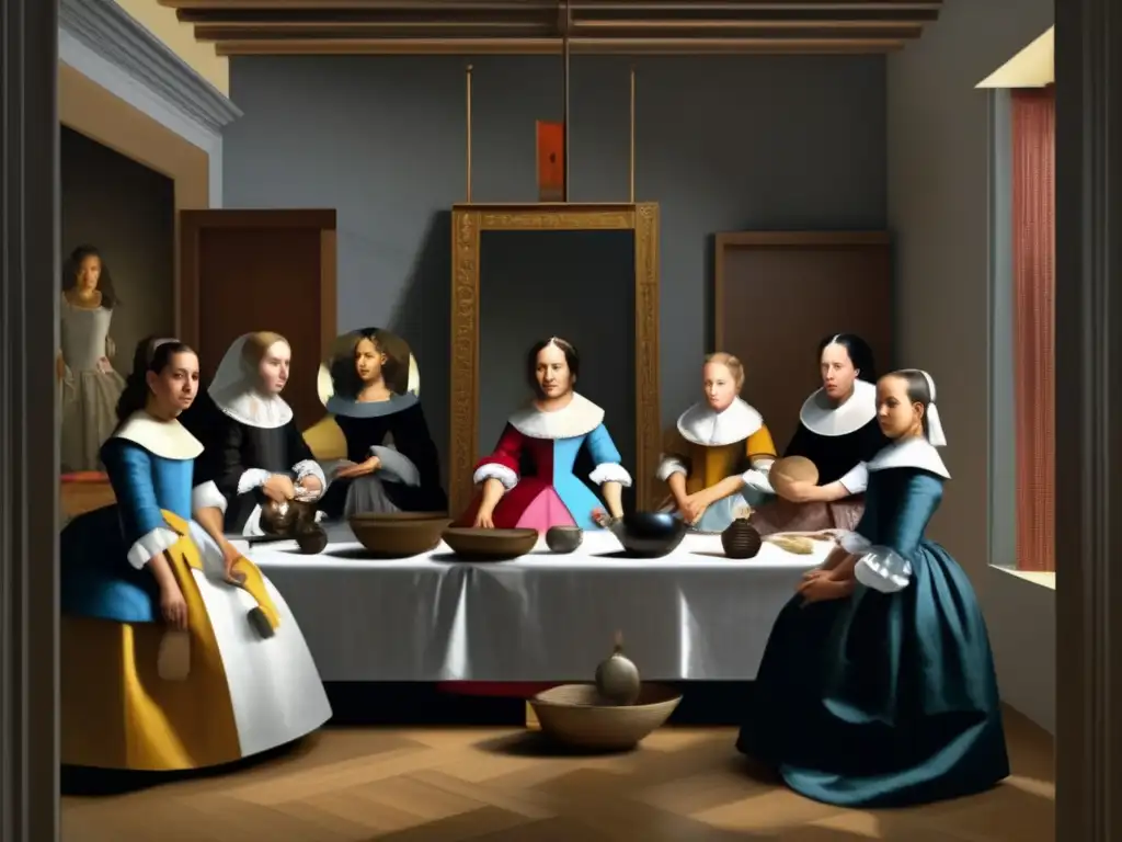 Una recreación digital detallada y moderna de 'Las Meninas' de Velázquez, resaltando los detalles de las figuras y la interacción de luz y sombra