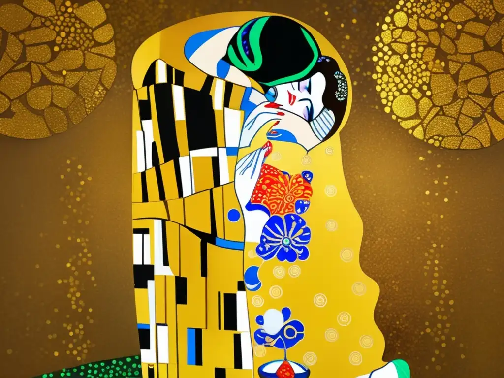 Una recreación digital de alta resolución de 'El beso' de Gustav Klimt, destacando los detalles de pan de oro y colores vibrantes