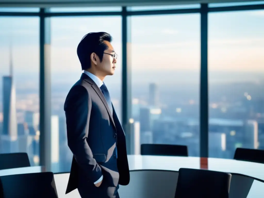 Akio Mimura, líder de la recuperación económica de Japón, proyecta autoridad y determinación en una oficina moderna con vistas a la ciudad