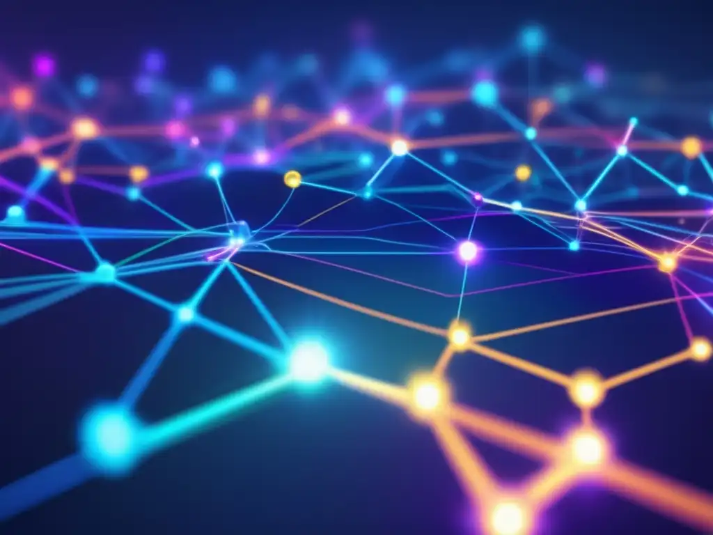 Una red futurista de nodos interconectados y líneas vibrantes, reflejando la importancia de Claude Shannon en comunicación