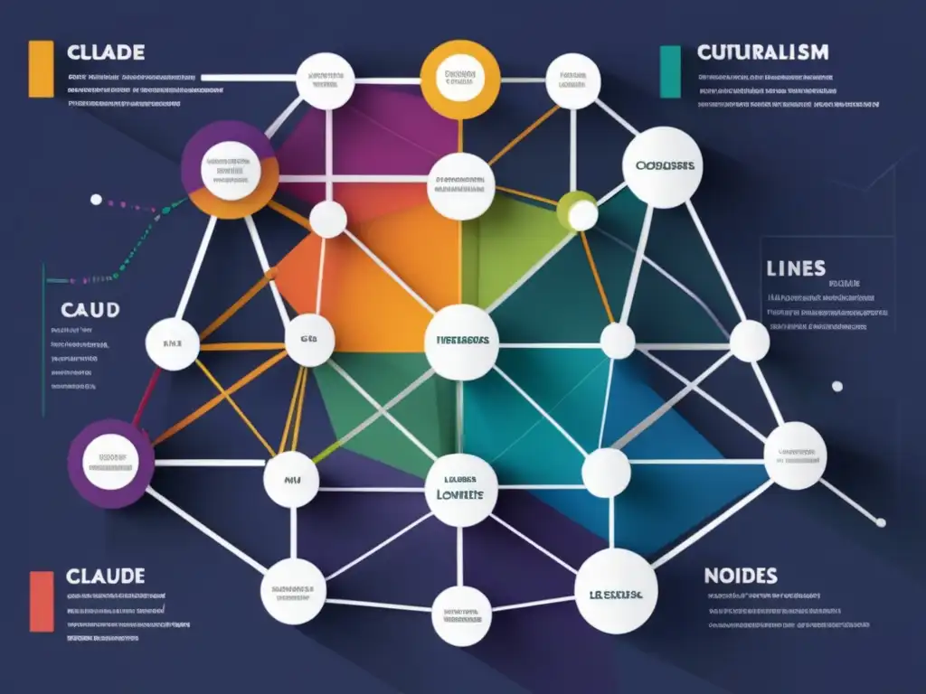 Una red de líneas y nodos interconectados, representando elementos culturales y conceptos clave del estructuralismo de Claude Lévi-Strauss