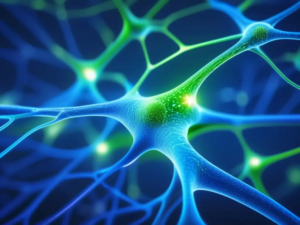 Una red de neuronas intrincada en azul y verde vibrante, detallada y dinámica