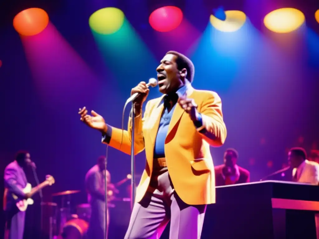 Otis Redding, influencia musical y carisma en el escenario, vibrante actuación bajo luces de colores