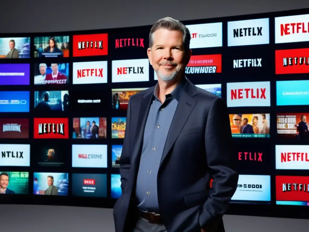 Reed Hastings, cofundador y coCEO de Netflix, irradia innovación frente a pantallas vibrantes de series y películas originales