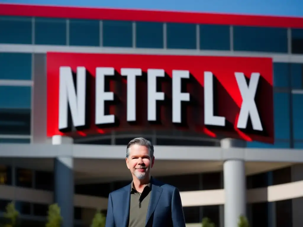 Aparece Reed Hastings frente a la sede de Netflix, su confianza y determinación son evidentes
