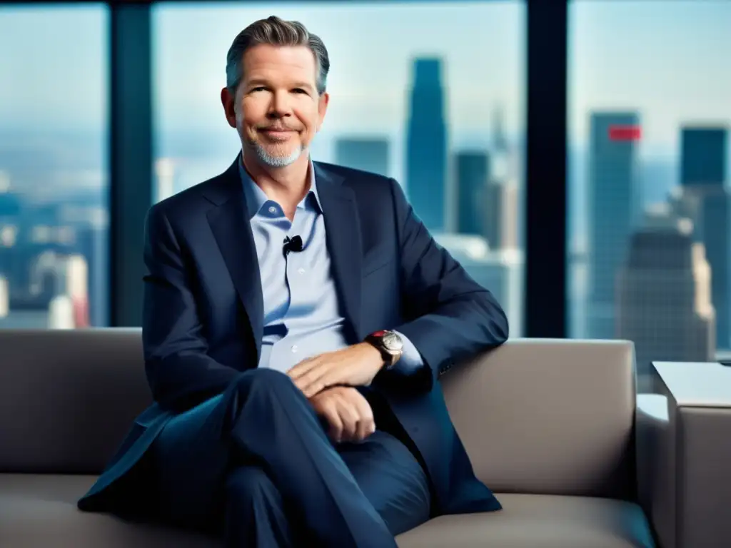 Reed Hastings, CEO de Netflix, liderando en una oficina moderna con tecnología innovadora y vista urbana