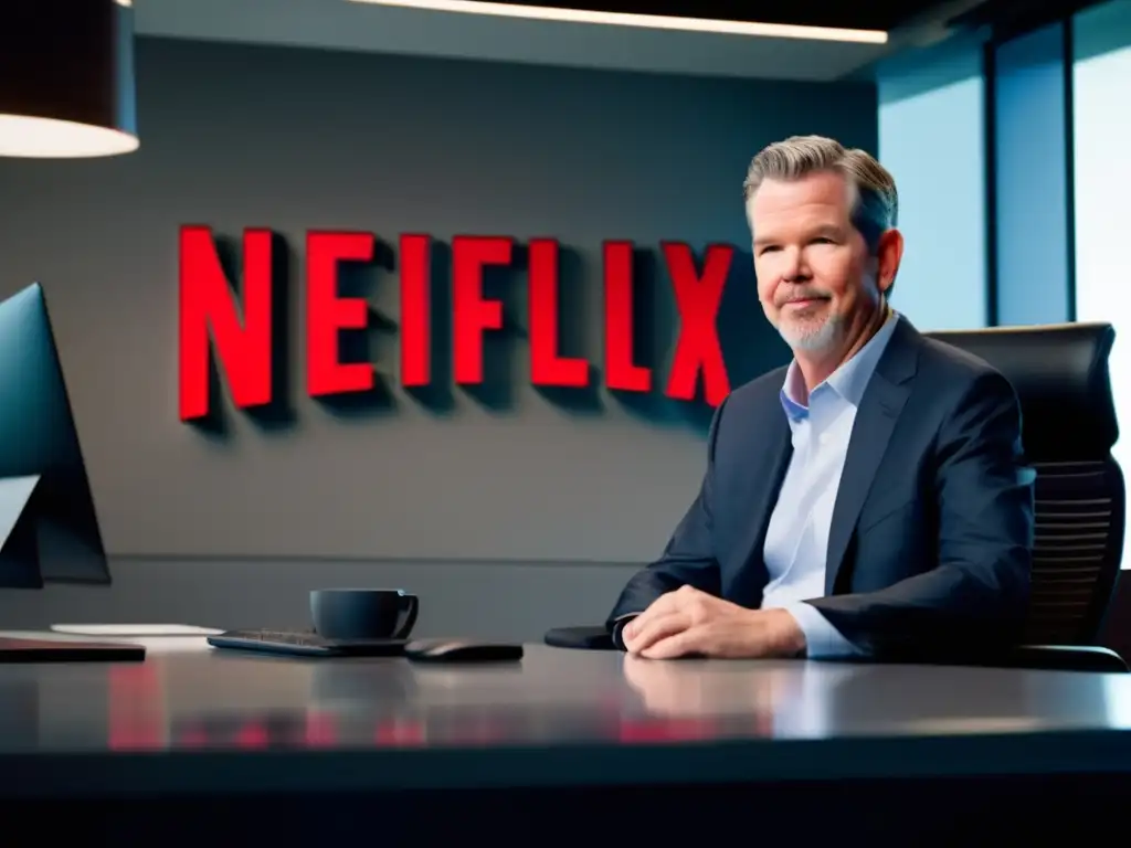 Reed Hastings en su oficina moderna de Netflix, proyectando liderazgo y determinación
