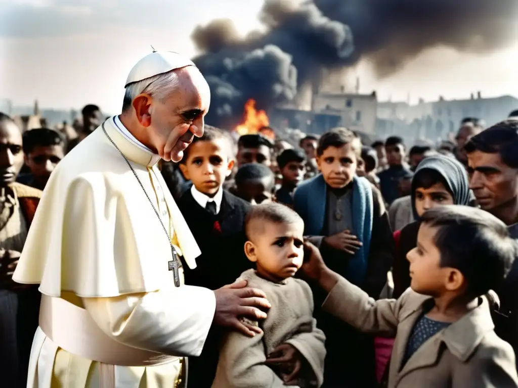 El Papa Pío XII consolando a refugiados durante la guerra El Papa Pío XII consolando a refugiados en la Segunda Guerra Mundial