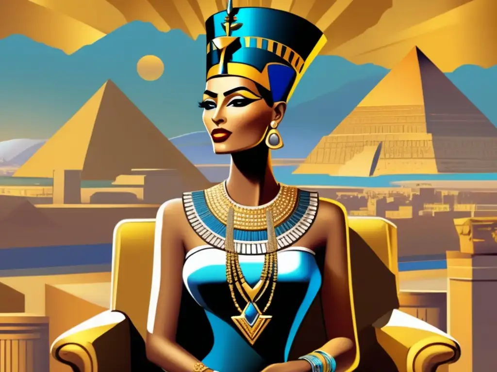 Reina Nefertiti, belleza y poder en el antiguo Egipto, sentada en un trono dorado con joyas y tocado, rodeada de una ciudad egipcia y pirámides