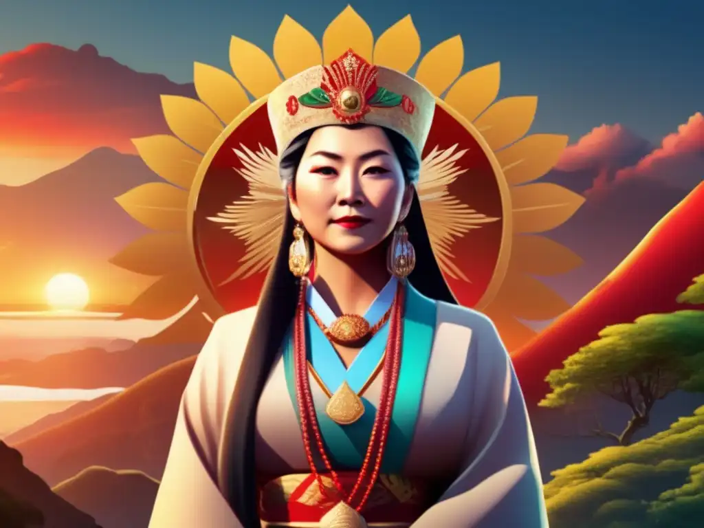 La Reina Himiko, líder chamanista de Japón, irradia sabiduría y autoridad en un paisaje místico al atardecer