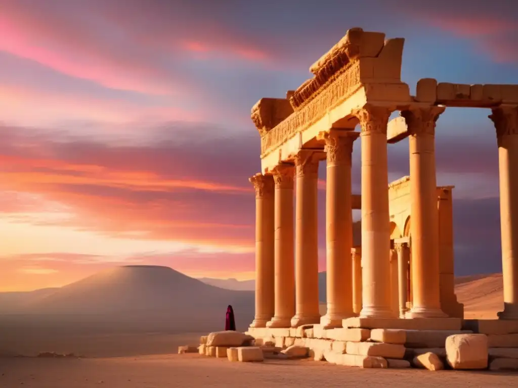La reina guerrera Zenobia desafía a Roma en las ruinas doradas de Palmyra al atardecer