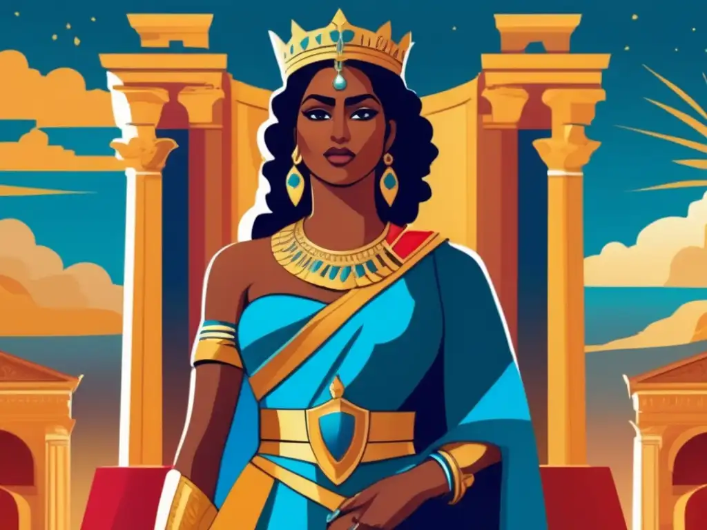 La reina guerrera Zenobia se erige con orgullo en Palmira, Roma, exudando determinación y fuerza en su regia armadura y capa real