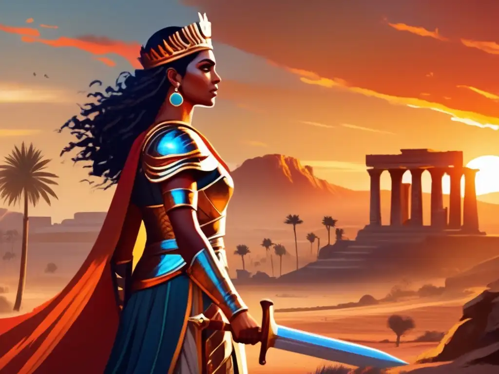 La reina guerrera Zenobia de Palmira, con armadura detallada, sostiene su espada frente al atardecer en ruinas
