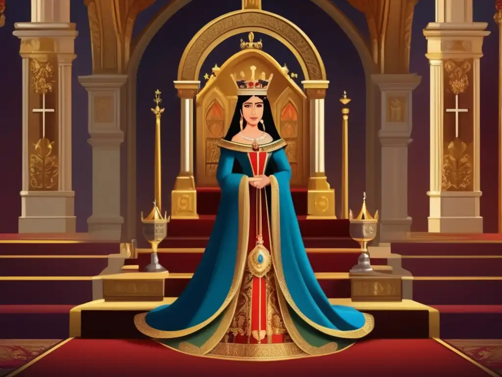 Reina Isabel I: Poder Real y Religioso La reina Isabel I de Castilla y Aragón en un impresionante altar y trono, simbolizando la unión de religión y poder estatal