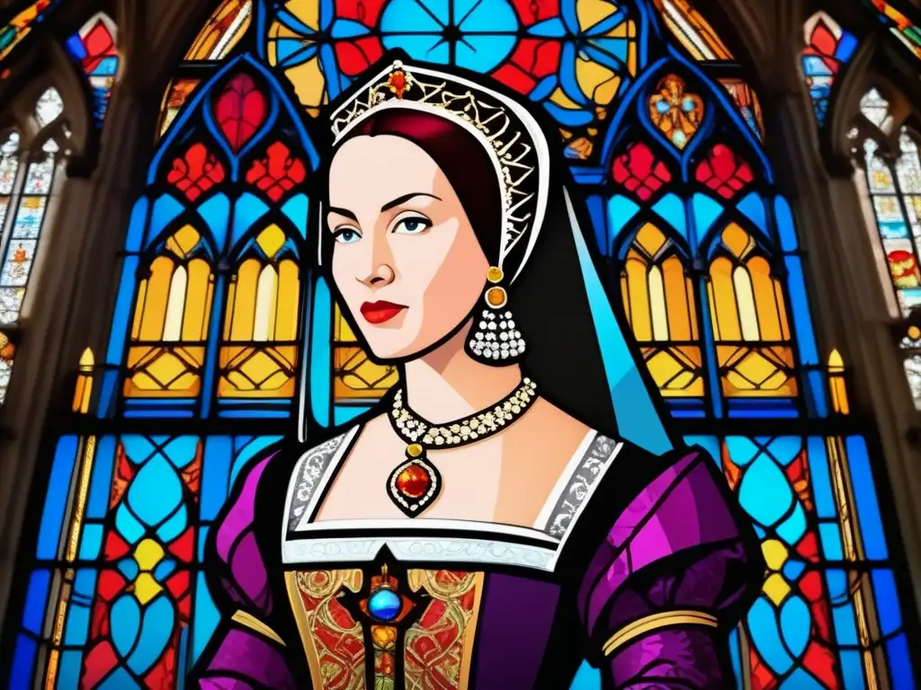 Retrato impactante de Anne Boleyn en una catedral gótica La Reina Ana Bolena, con intensa mirada y porte regio, destaca frente a una catedral gótica