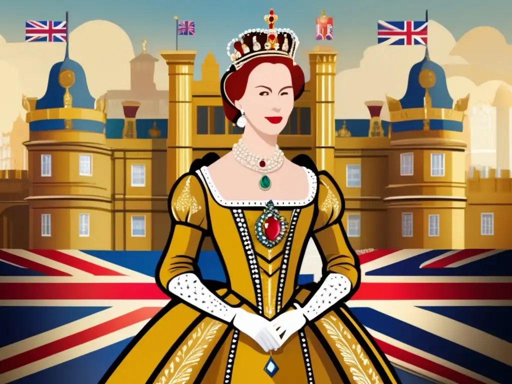 Reina Isabel I de Inglaterra: ilustración digital detallada y majestuosa La Reina Isabel I de Inglaterra se erige majestuosa, vistiendo un vestido dorado y una corona engalanada con joyas