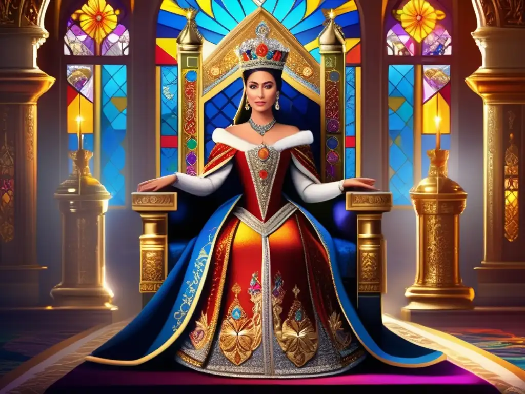 Reina Isabel I en su trono: majestuosidad y poder religioso La reina Isabel I irradia majestuosidad rodeada de figuras religiosas y símbolos de poder en un trono opulento