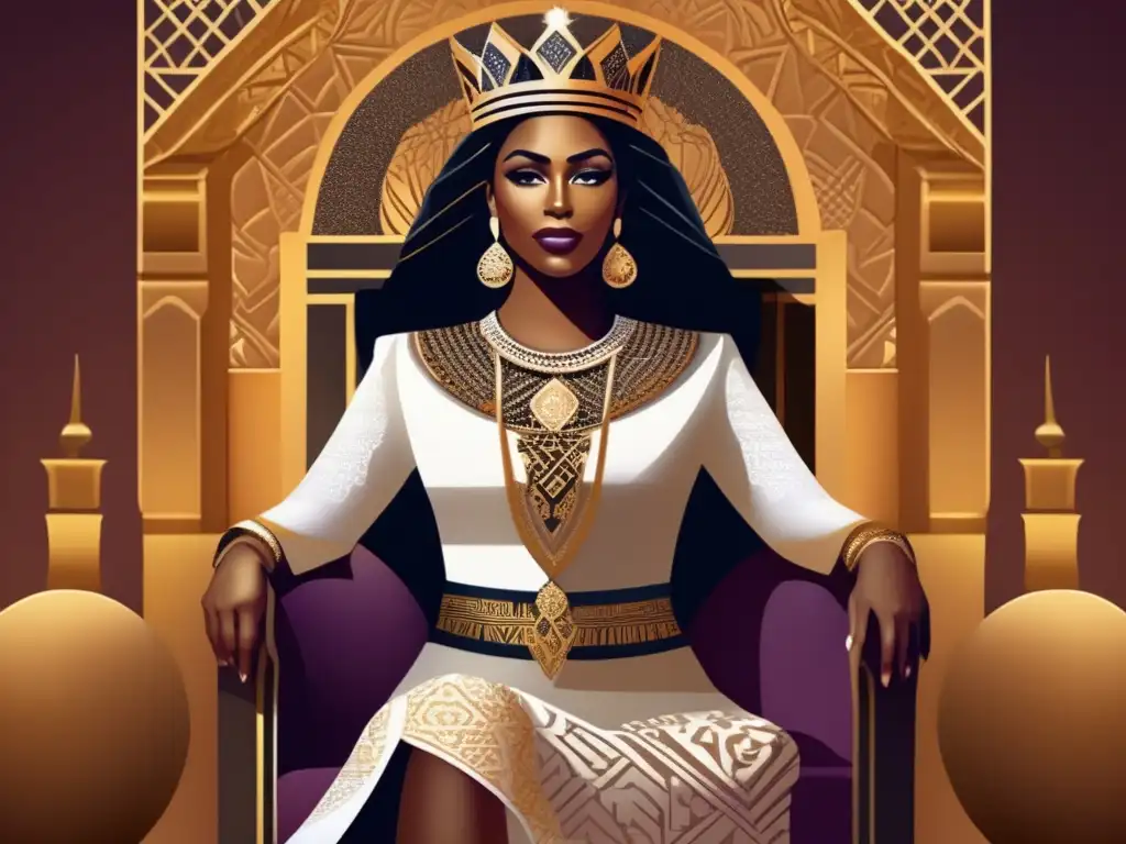 La Reina de Saba, poderosa y enigmática, en un trono adornado con patrones islámicos
