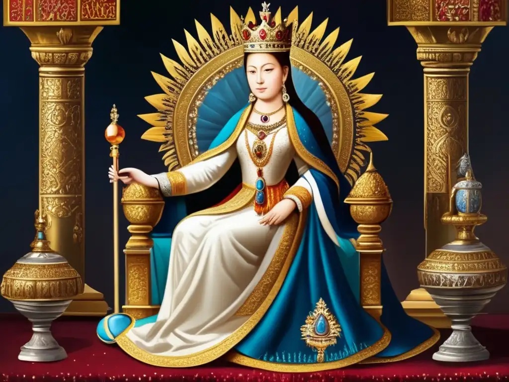 Isabel I en su trono: Poder y majestuosidad religiosa La reina Isabel I en su trono rodeada de figuras religiosas, nobles y poderosos, emitiendo una serena pero poderosa presencia