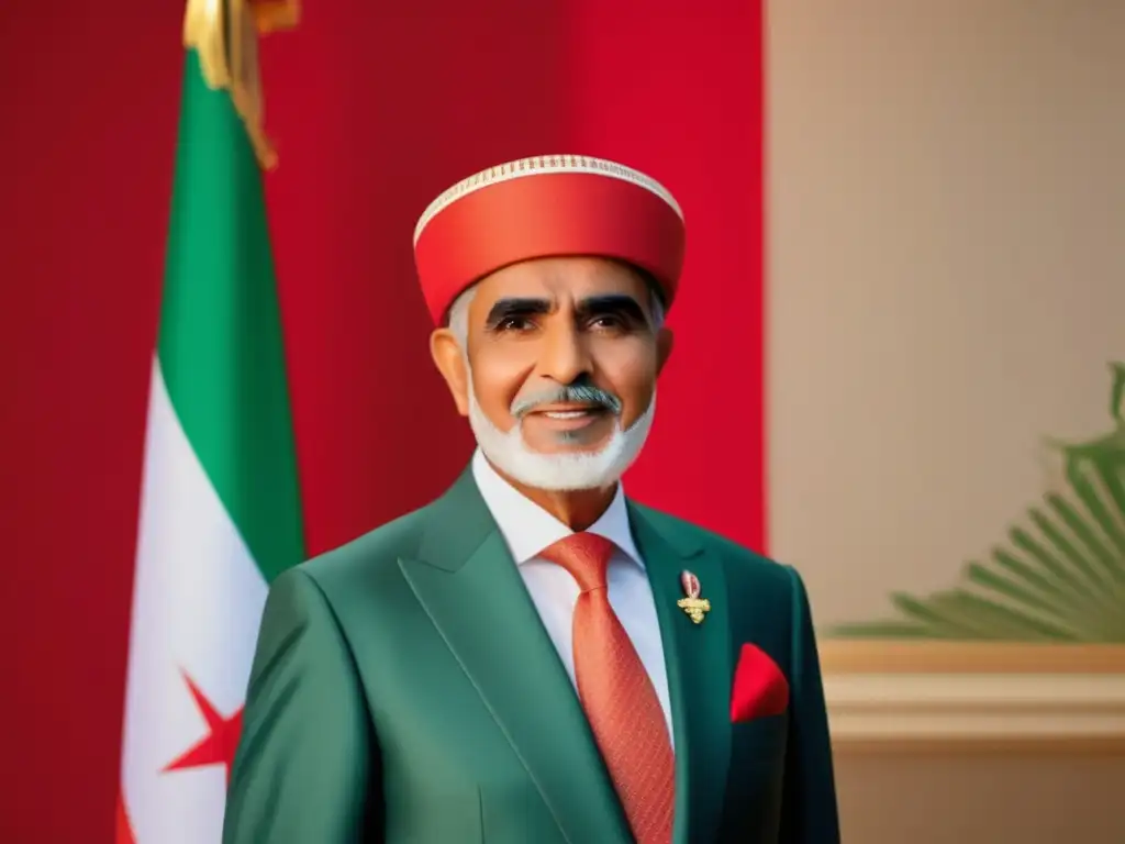 Reinado de Qaboos bin Said al Said: Imagen vibrante y moderna del líder omaní frente a la bandera de Omán, fusionando tradición y modernización en su pose segura y visionaria