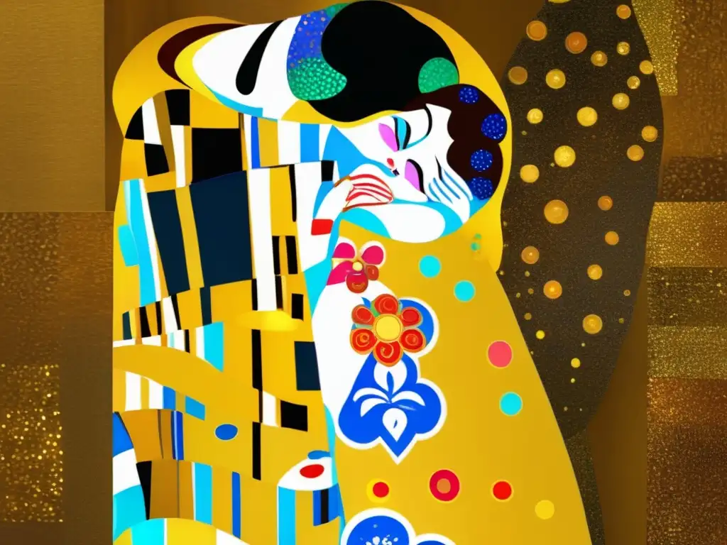 Una reinterpretación digital de 'El Beso' de Gustav Klimt, con detalles dorados y colores vibrantes