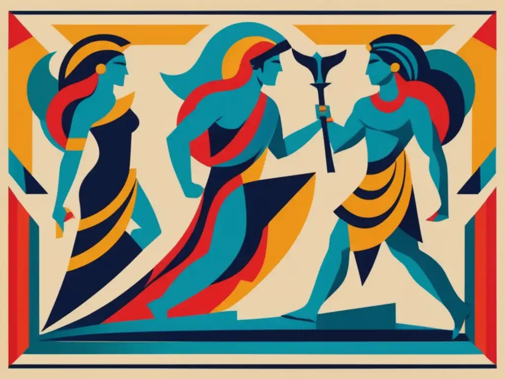 Una reinterpretación moderna de la mitología griega de Robert Graves, con dioses en poses dinámicas y colores audaces