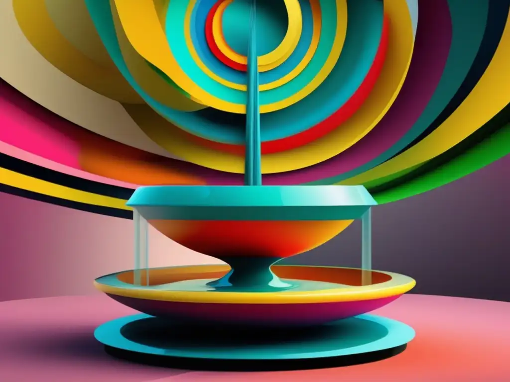Una reinterpretación surrealista de la icónica escultura 'Fuente' de Marcel Duchamp, con colores vibrantes y formas geométricas dinámicas