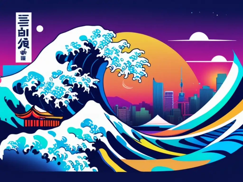 Un renacimiento impactante del arte mundial de Hokusai Ukiyoe, con colores neón y elementos futuristas integrados en el estilo tradicional japonés