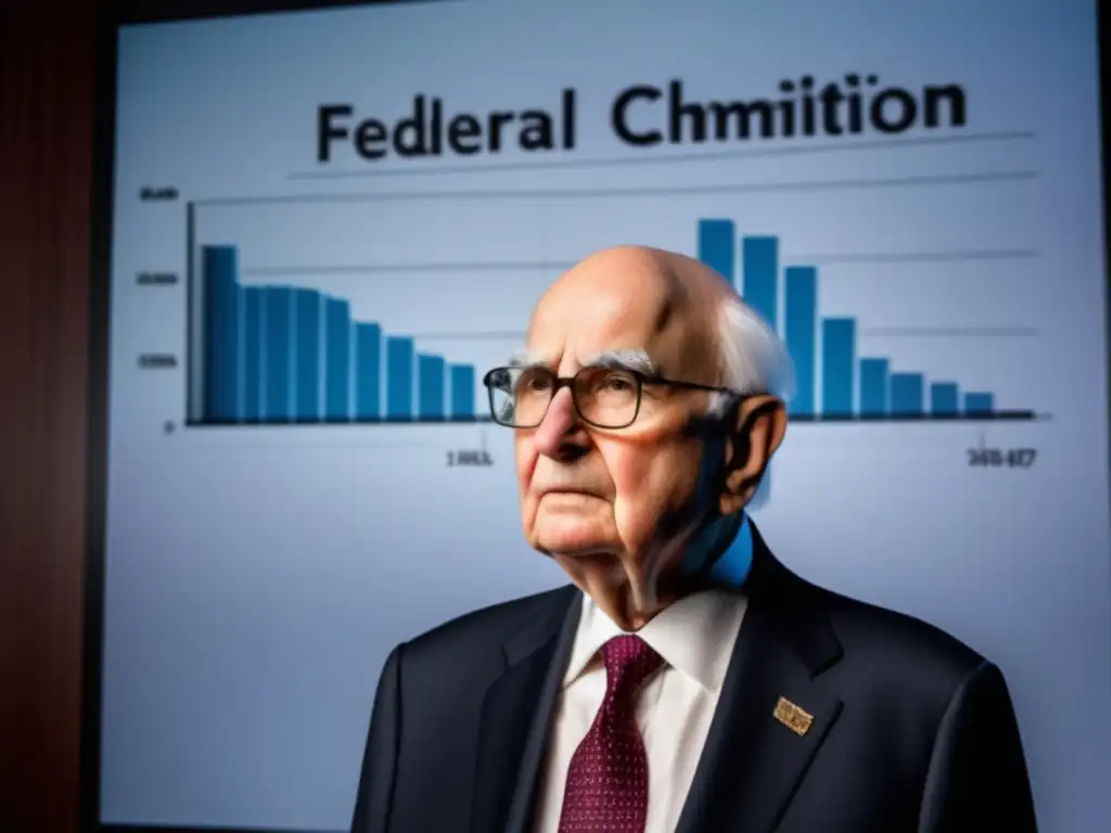 El renombrado Paul Volcker, con traje impecable, muestra gráfica de logros en la inflación durante su mandato como presidente de la Reserva Federal