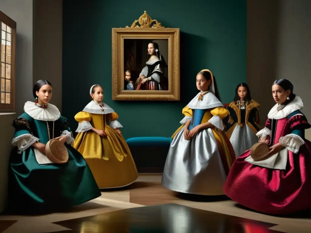 Una representación detallada en alta resolución de la famosa pintura 'Las Meninas' de Diego Velázquez, mostrando los intrincados detalles de las figuras, el reflejo en el espejo y la rica paleta de colores y texturas del entorno real