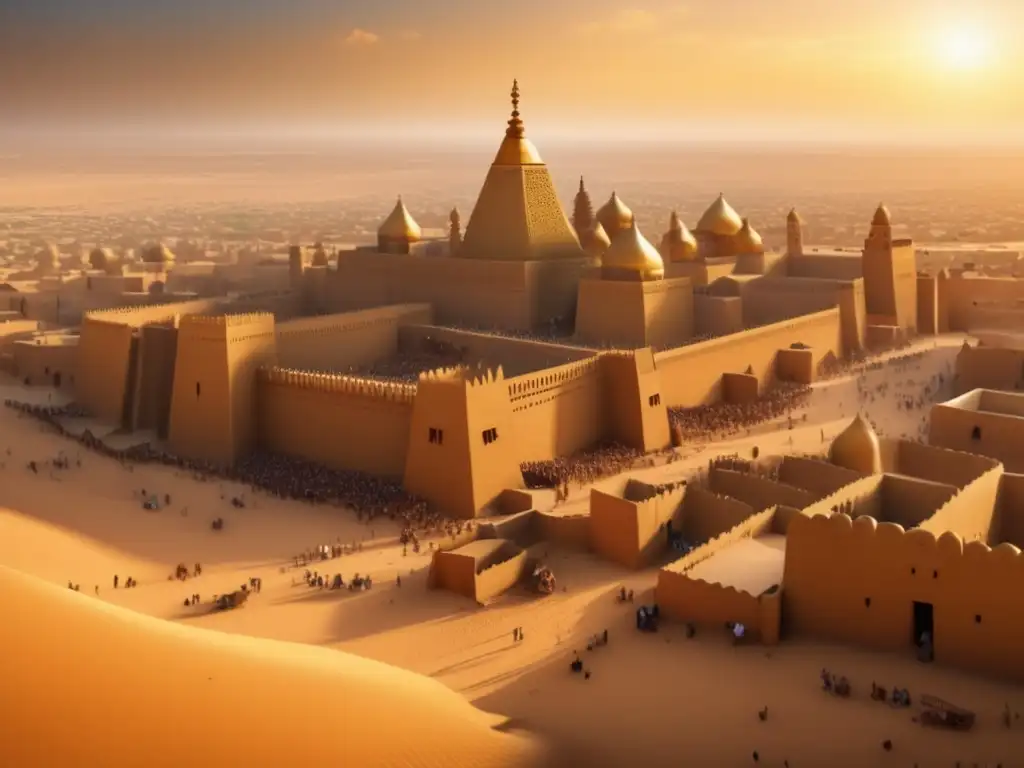 Una representación detallada en 8k de la antigua ciudad de Timbuktu, con su arquitectura de barro, mercados bulliciosos y vida cultural vibrante