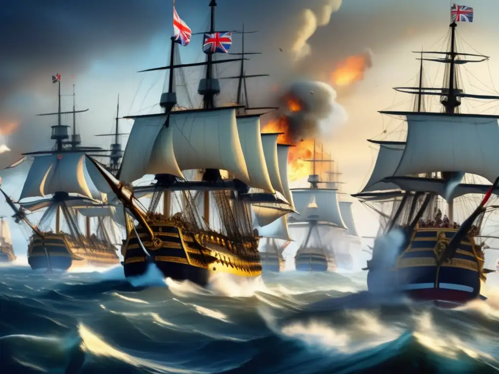 Una representación detallada de la Batalla de Trafalgar, destacando las estrategias de Horatio Nelson en Trafalgar