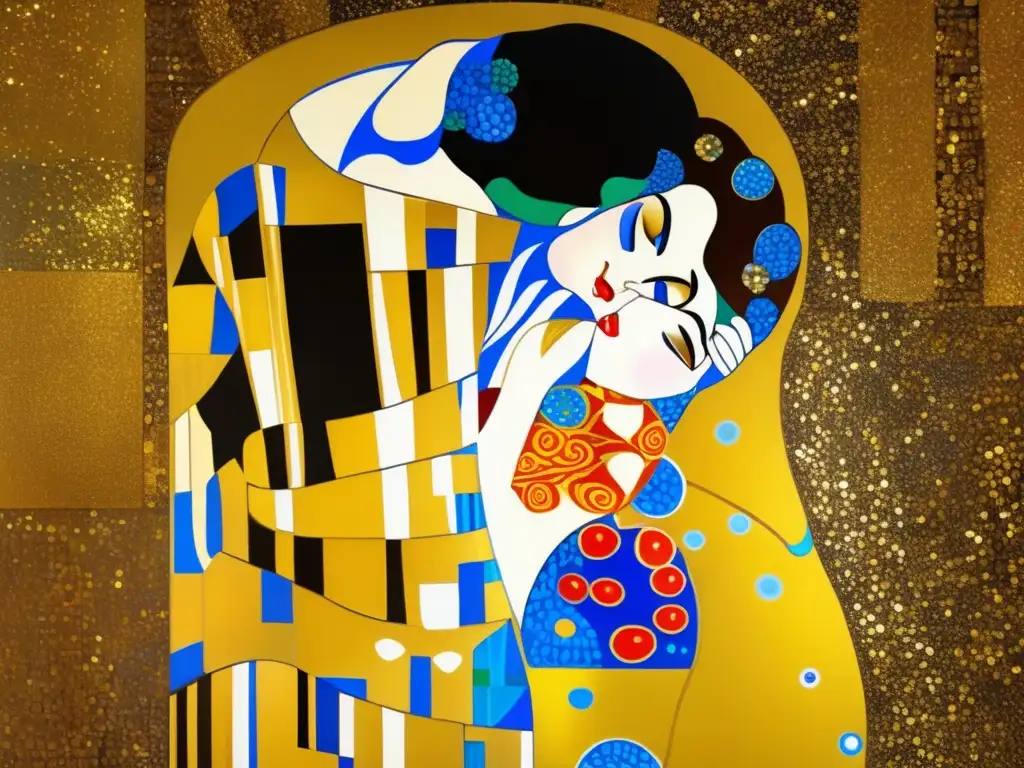 Una representación detallada en 8k de 'El Beso' de Gustav Klimt, mostrando el detallado pan de oro, colores vibrantes y la apasionada atmósfera