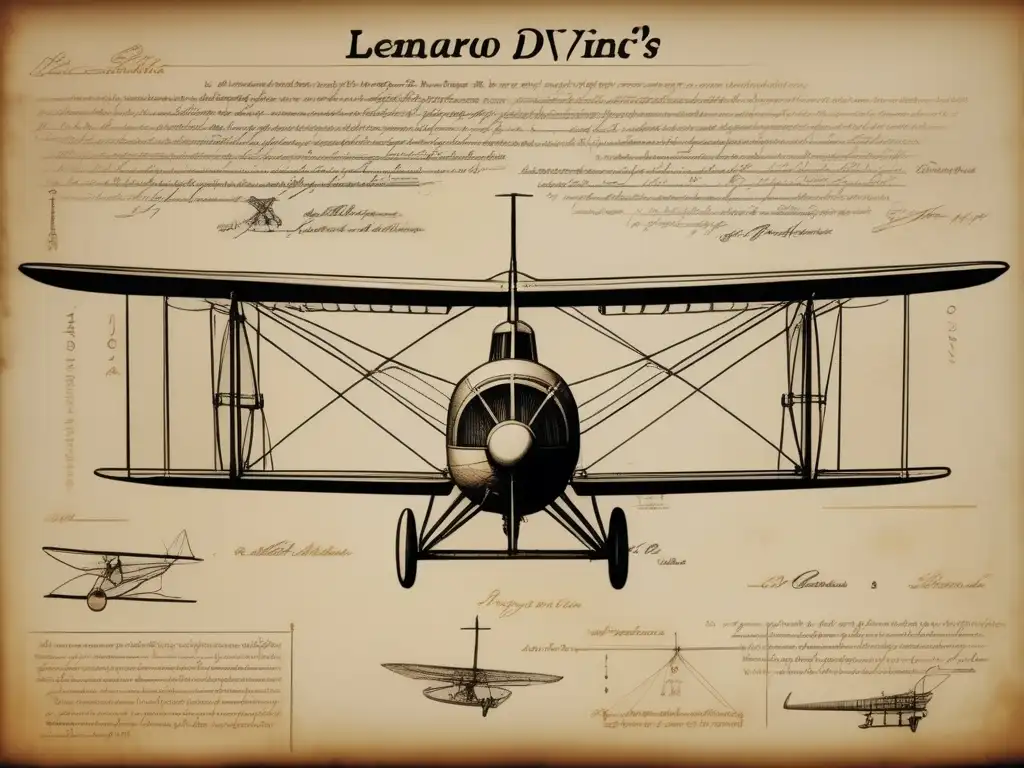 Una representación detallada e ultrarresolución de un boceto de Leonardo da Vinci de una máquina voladora, mostrando cada detalle con claridad