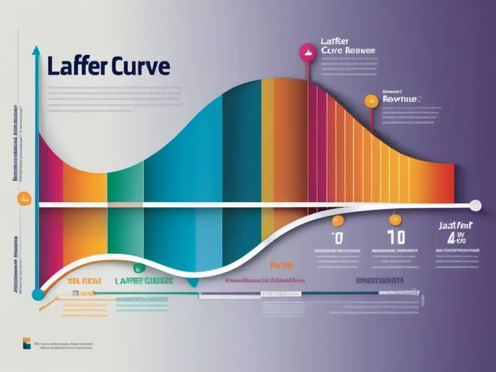 Una representación detallada y colorida de la curva de Laffer y su impacto en impuestos, con etiquetas precisas y un diseño profesional