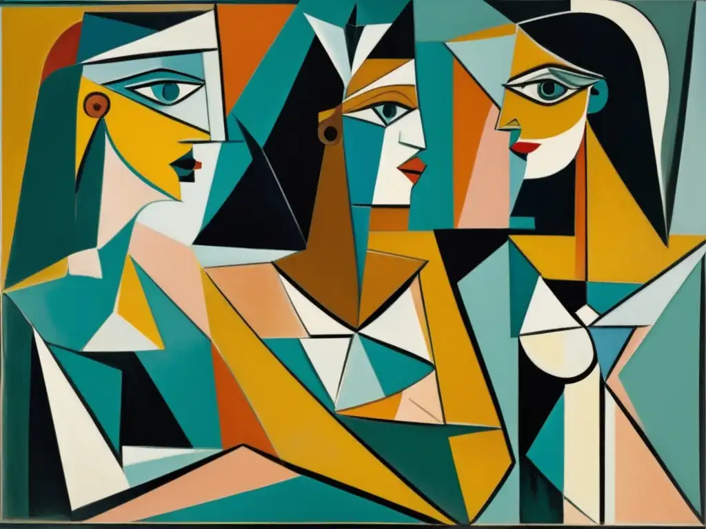 Una representación detallada de 'Les Demoiselles d'Avignon' de Picasso, exhibiendo el liderazgo en el Cubismo y su impacto revolucionario